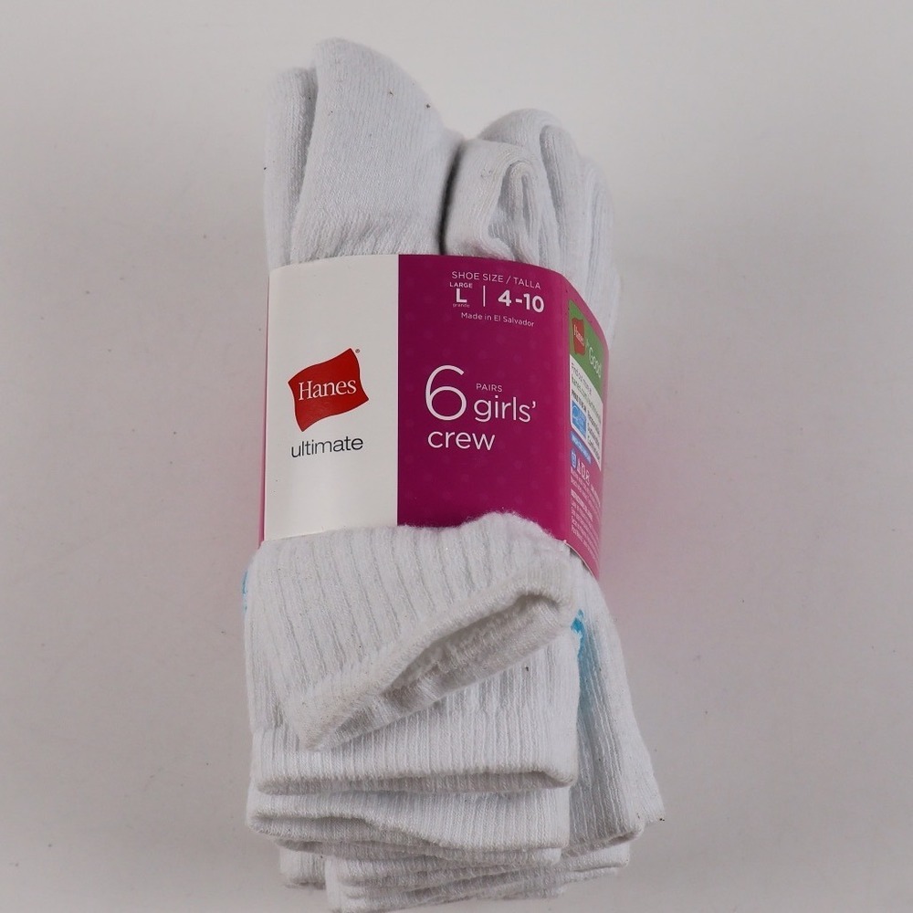 Hanes Socks Ultimate Crew White Solid Girls Large 4-10 6 Pair Pack NWT
